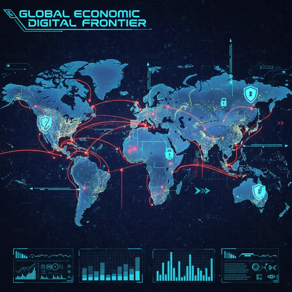 Digital world map showing global economic trade routes and cybersecurity threats