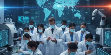 Scientists collaborating on global health security research in a modern lab