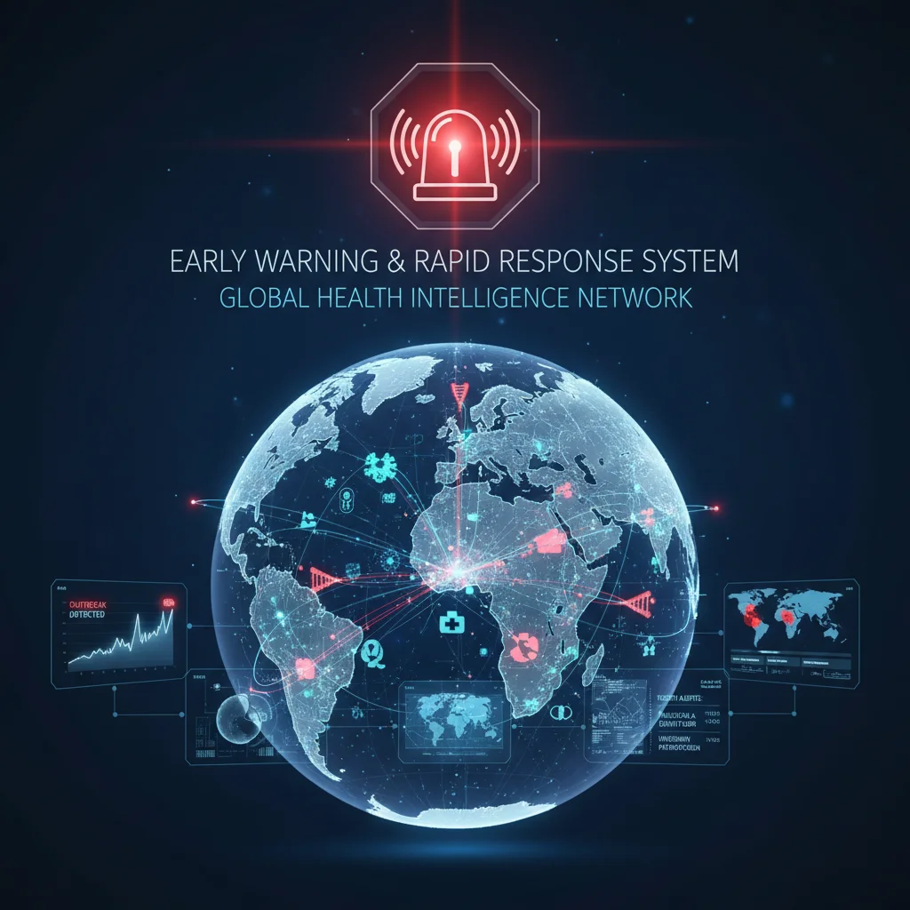 Digital dashboard displaying global health surveillance data and alert system
