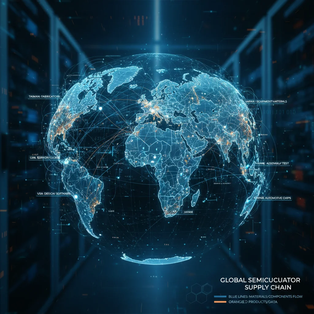 Global semiconductor supply chain network with interconnected regions and factories