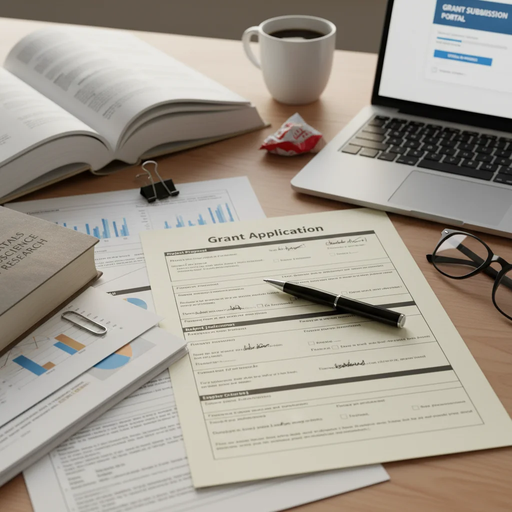 Grant application forms and research materials, symbolizing the grant application process for cultural institutions.
