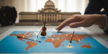 A person's hand delicately interacting with a vibrant world map, interspersed with miniature cultural symbols like a violin and film reel, symbolizing soft power in global affairs.