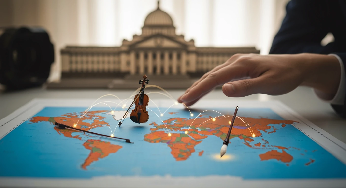 A person's hand delicately interacting with a vibrant world map, interspersed with miniature cultural symbols like a violin and film reel, symbolizing soft power in global affairs.