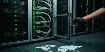 An array of server racks with green LED lights, depicting the digital infrastructure of modern global affairs and cybersecurity.