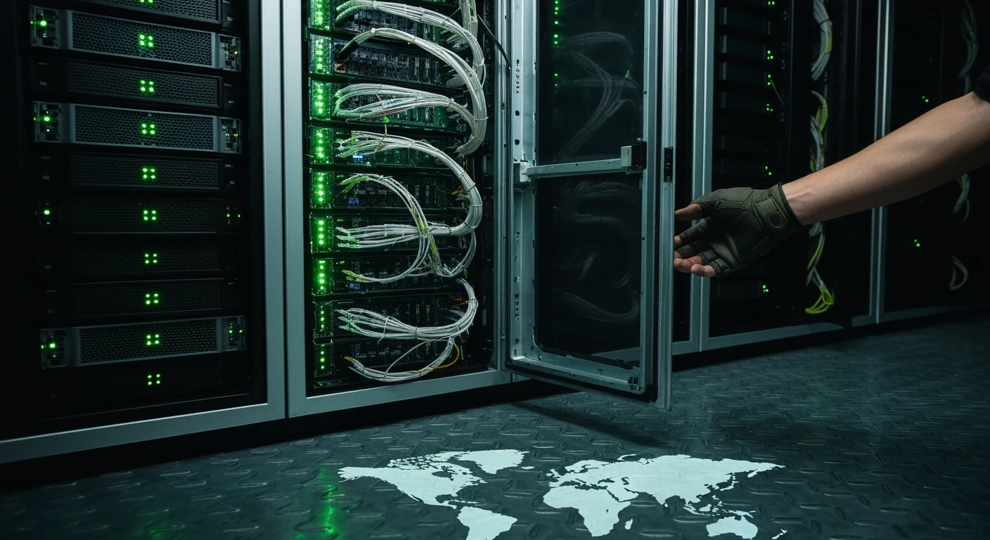 An array of server racks with green LED lights, depicting the digital infrastructure of modern global affairs and cybersecurity.