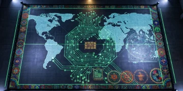An intricate illuminated global tapestry, seen from an aerial drone perspective, with digital circuits and traditional cultural patterns representing the interconnectedness of global affairs, culture, and technology.