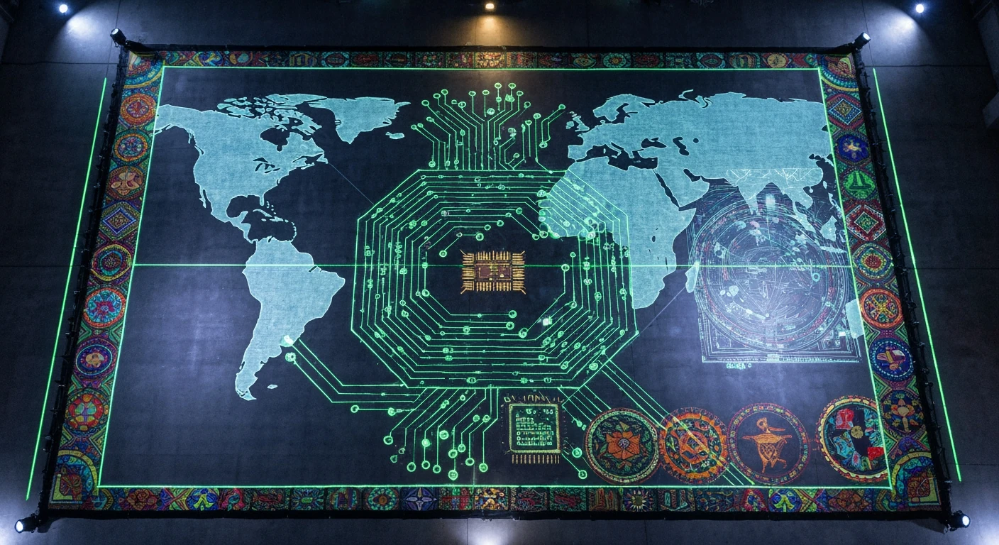 An intricate illuminated global tapestry, seen from an aerial drone perspective, with digital circuits and traditional cultural patterns representing the interconnectedness of global affairs, culture, and technology.
