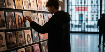 A person viewing K-pop merchandise in a vibrant cultural center, illustrating cultural influence in global affairs.