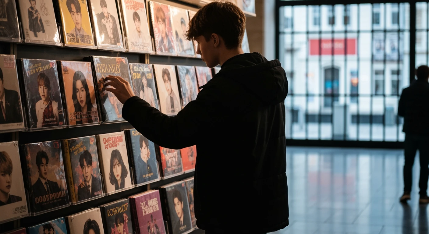 A person viewing K-pop merchandise in a vibrant cultural center, illustrating cultural influence in global affairs.