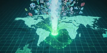 Aerial view of a digital geyser composed of cultural symbols erupting from a gridded world map, illustrating rapid global cultural dissemination facilitated by technology, with cool green and blue lighting.