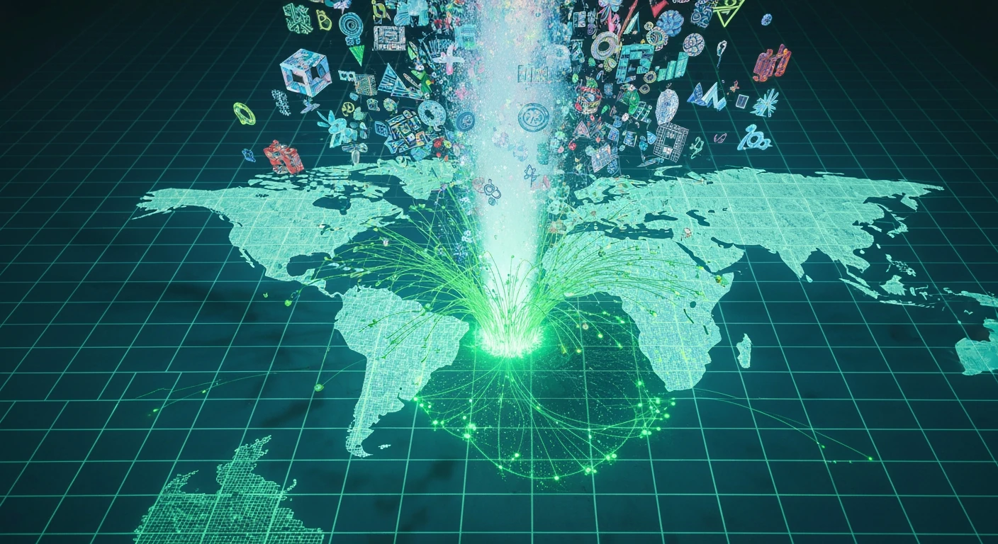 Aerial view of a digital geyser composed of cultural symbols erupting from a gridded world map, illustrating rapid global cultural dissemination facilitated by technology, with cool green and blue lighting.