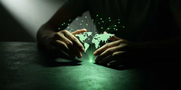 Close-up of hands interacting with a holographic green world map, from which glowing data streams emerge, symbolizing global digital interconnectedness and cultural exchange.
