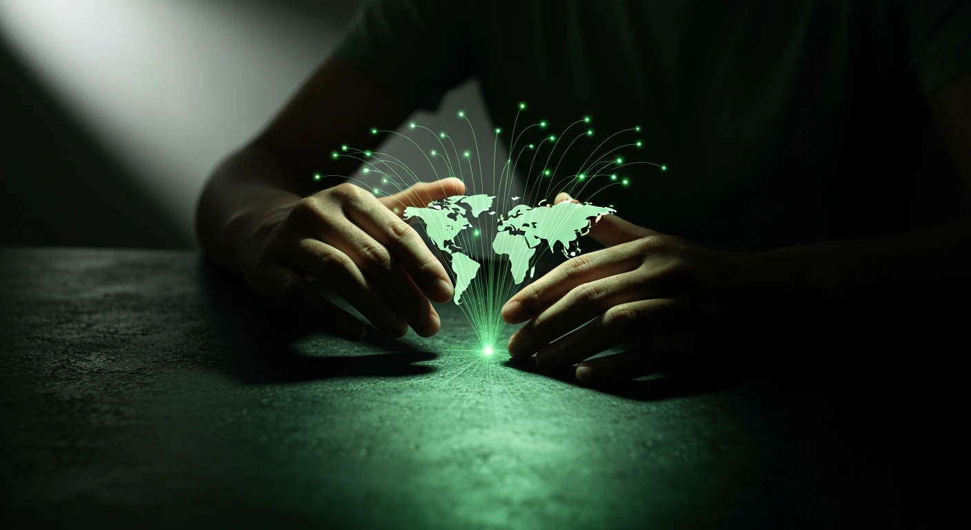 Close-up of hands interacting with a holographic green world map, from which glowing data streams emerge, symbolizing global digital interconnectedness and cultural exchange.