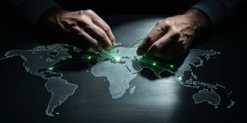 Weathered hands arranging glowing green fiber optic cables on an etched world map, symbolizing geopolitical power shifts and economic interdependencies.
