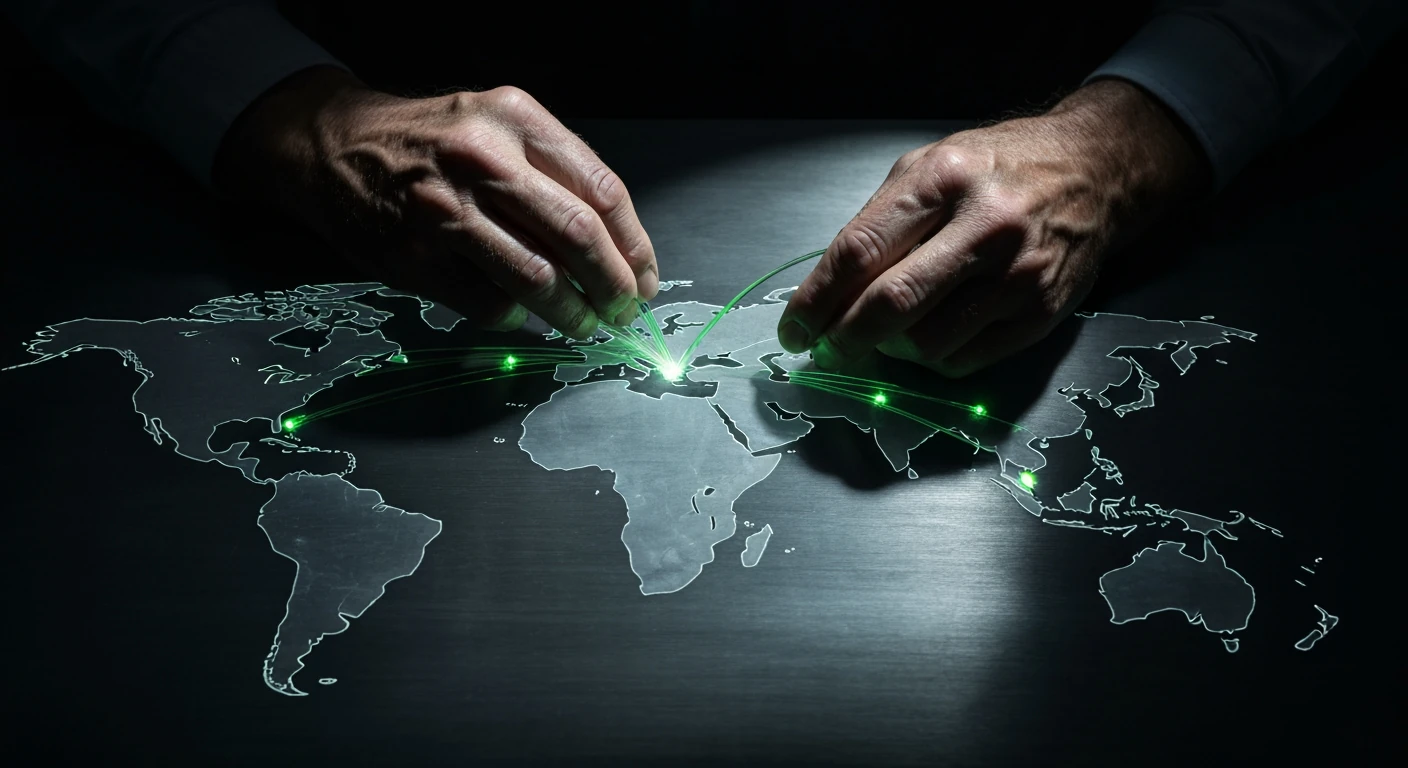 Weathered hands arranging glowing green fiber optic cables on an etched world map, symbolizing geopolitical power shifts and economic interdependencies.