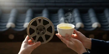 Hands holding a vintage film reel and a porcelain teacup with green tea, set against traditional Korean roof tiles under dramatic, warm lighting.