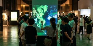 A diverse group of individuals in an art gallery, observing a holographic projection that merges cultural patterns with global maps, illustrating cultural diplomacy and soft power in an interconnected world.