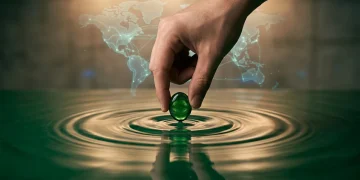 A person's hand creates ripples in water, reflecting a holographic global map, symbolizing the rapid, interconnected spread of cultural trends like digital phenomena.