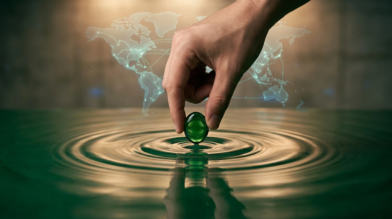 A person's hand creates ripples in water, reflecting a holographic global map, symbolizing the rapid, interconnected spread of cultural trends like digital phenomena.