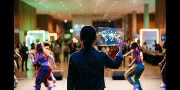 A person viewing a glowing tablet with a world map, surrounded by blurred figures representing global cultural movements like K-Pop and Afrobeats, illustrating international influence.