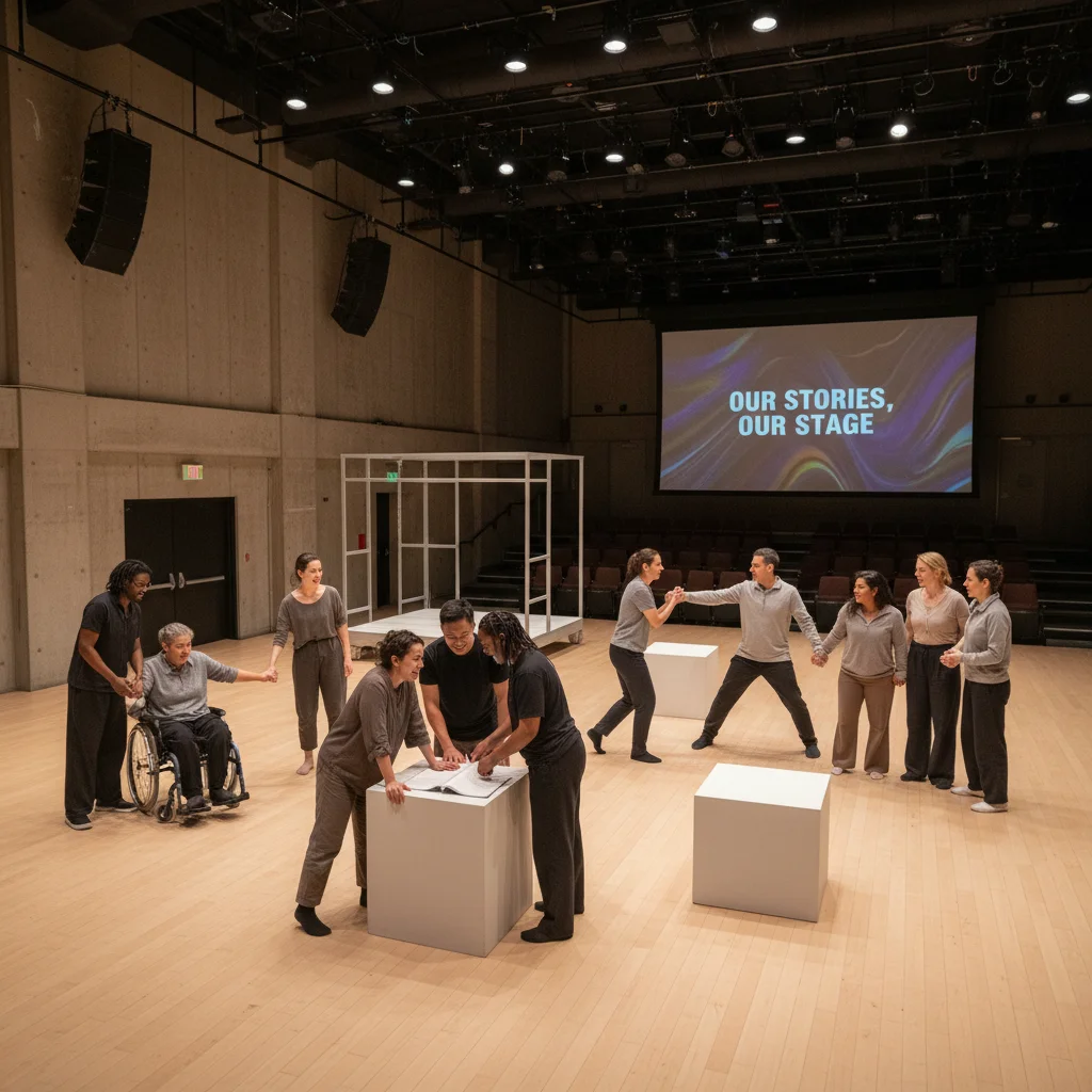 Diverse cast rehearsing for an inclusive theater production
