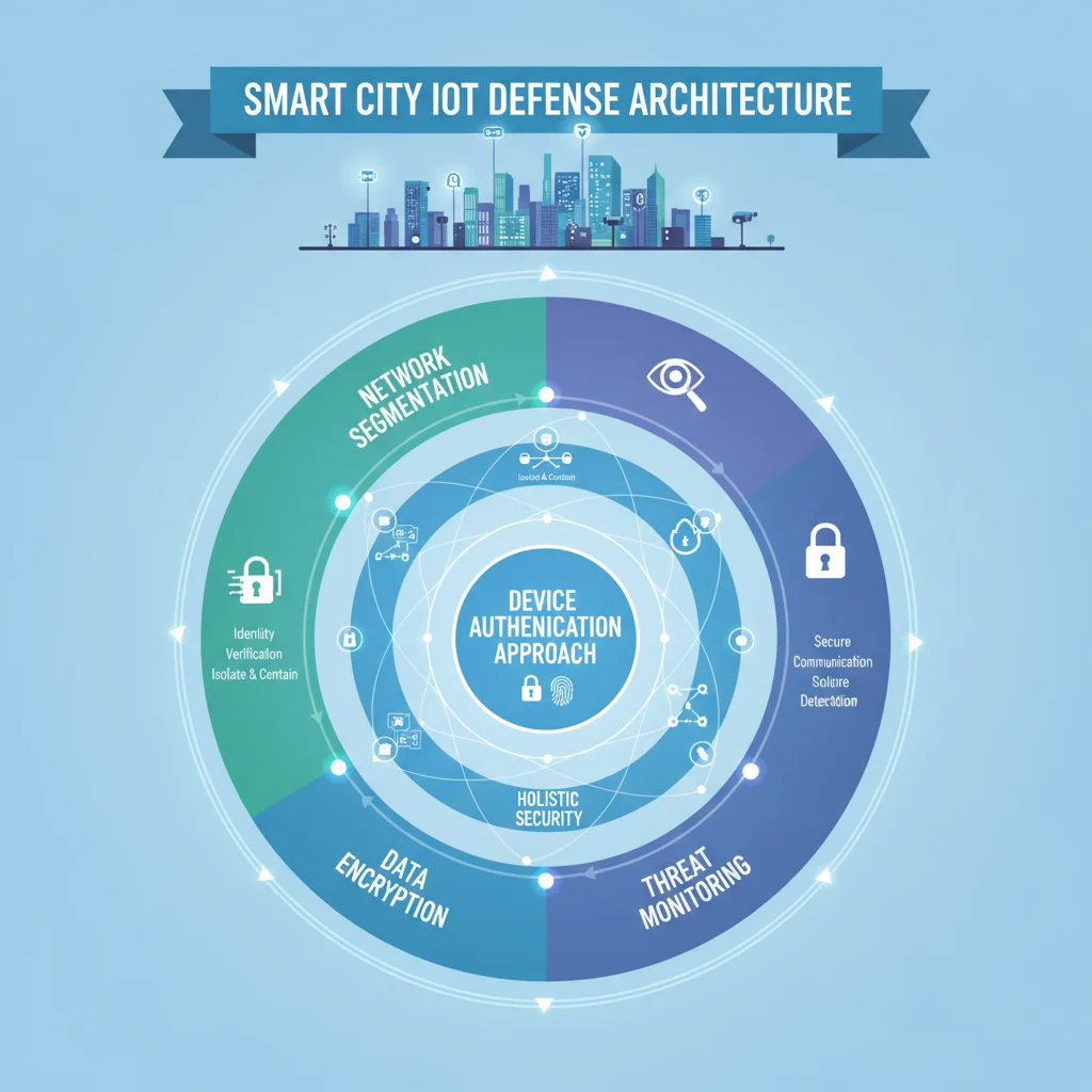 Layered defense architecture for IoT devices, illustrating network segmentation and data encryption in smart cities.