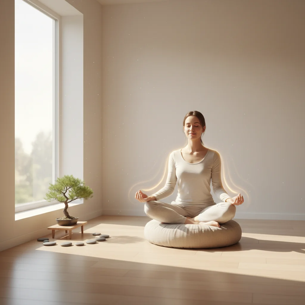 Person meditating in peaceful, sunlit room