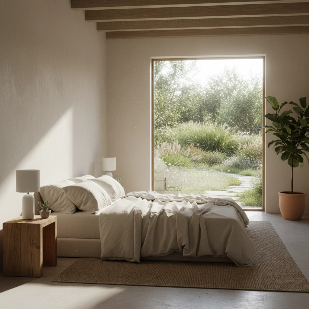 Minimalist bedroom with natural materials and garden view, promoting restful sleep.