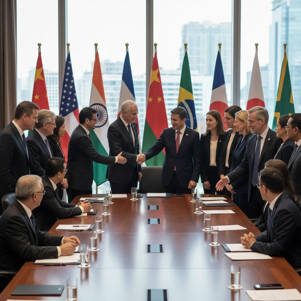 International delegates engaging in diplomatic discussions at a conference table, symbolizing multilateralism
