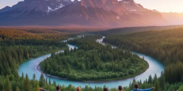 Sunrise over a vast national park, highlighting diverse landscapes and hikers appreciating nature's beauty.