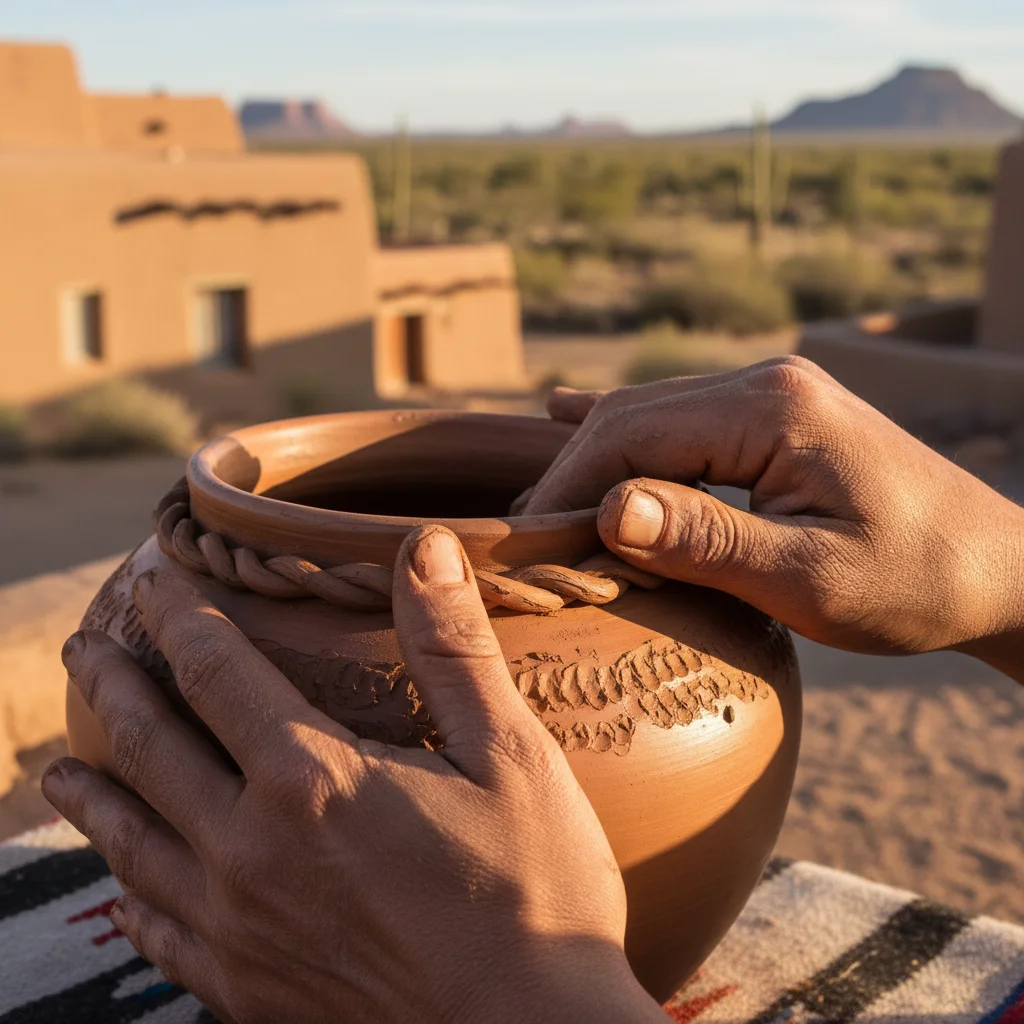 Hands crafting traditional Native American pottery in Santa Fe, New Mexico, showcasing cultural immersion.