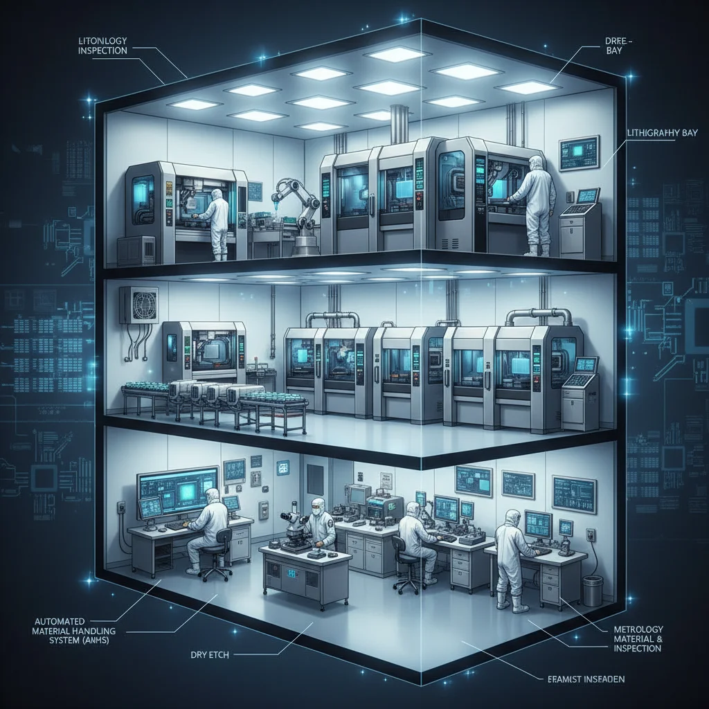 Modern semiconductor fabrication plant with clean rooms and advanced machinery