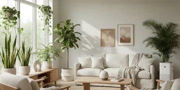 Modern living room with abundant plants and natural light, promoting home wellness.