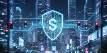 Smart city infrastructure secured by a digital shield, representing advanced IoT cybersecurity measures.