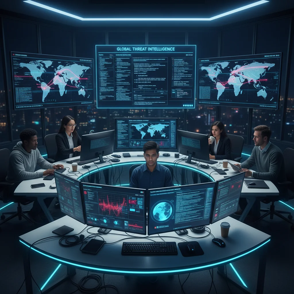 Cybersecurity team in a Security Operations Center (SOC) monitoring real-time threat intelligence for smart city IoT infrastructure.