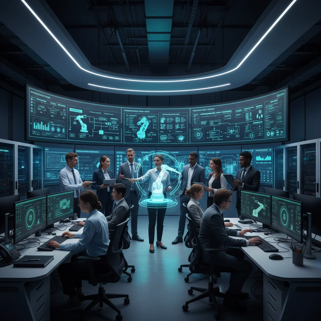 Engineers collaborating in a smart factory control room, monitoring data from Cyber-Physical Systems.