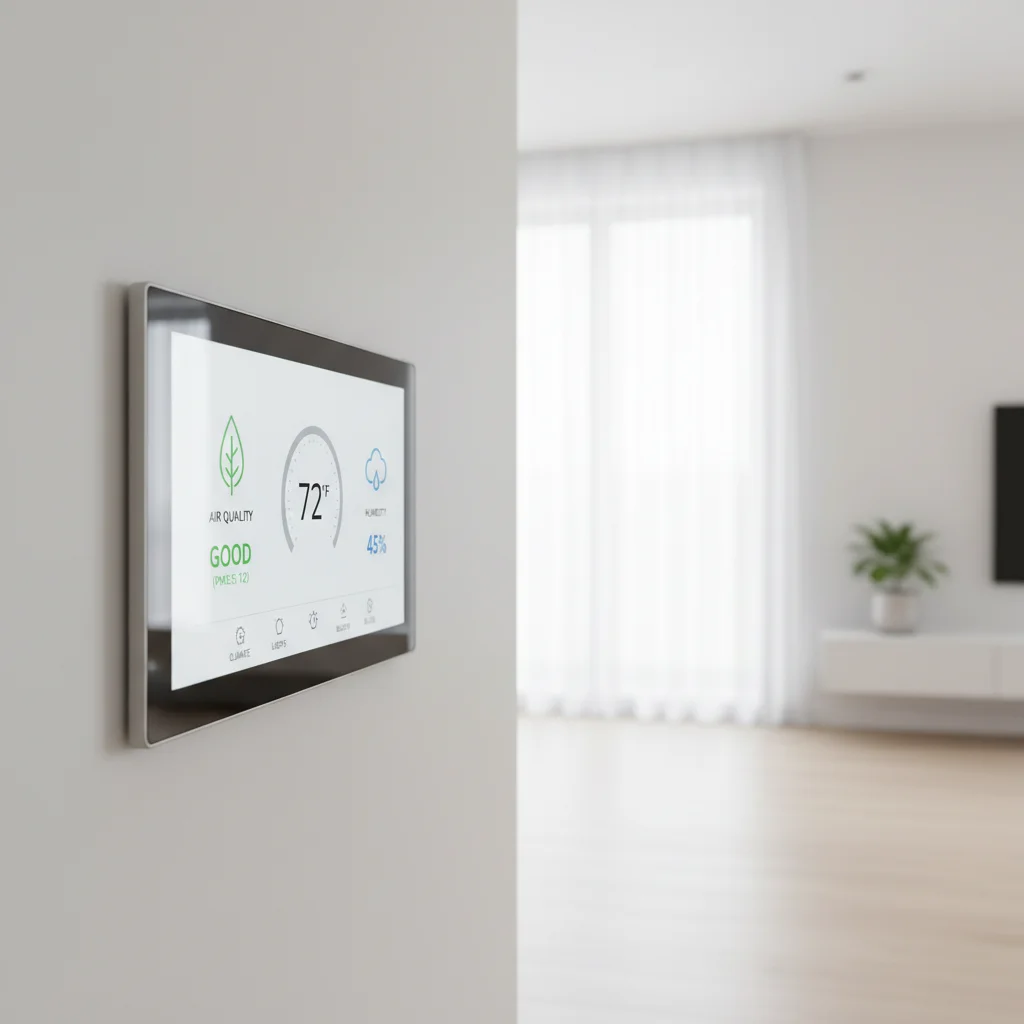 Smart home control panel displaying air quality and environmental data for wellness.