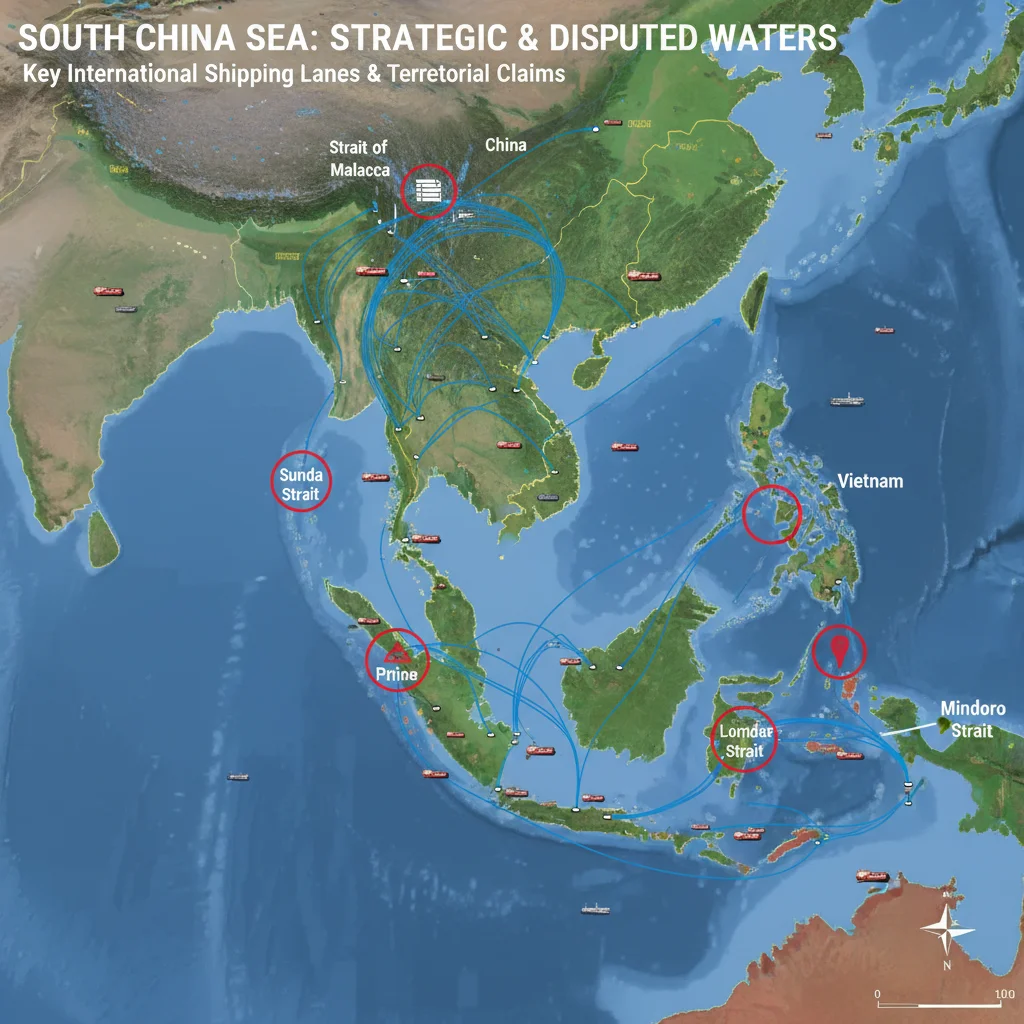 Map of South China Sea trade routes and territorial claims