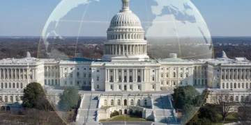 United States Capitol building with a translucent globe overlay, symbolizing foreign policy