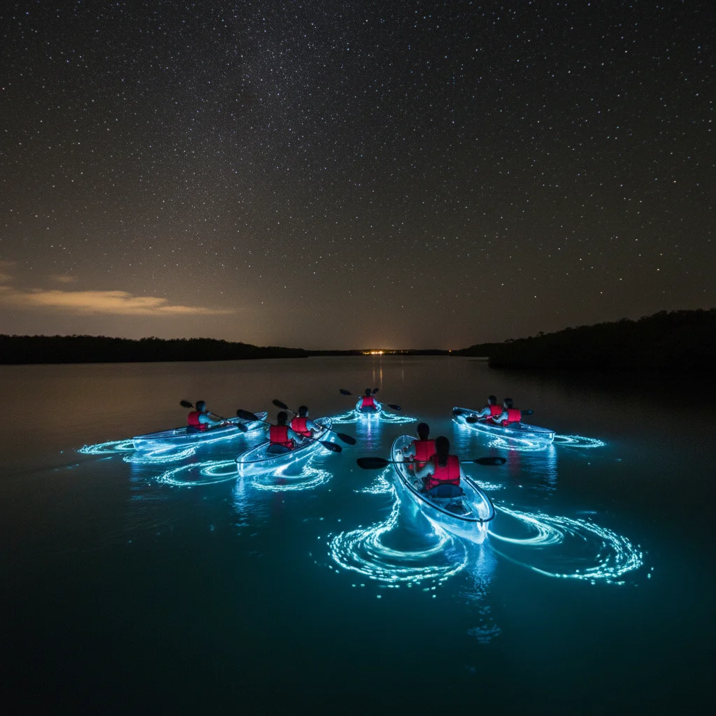 Kayakers exploring a bioluminescent bay in Vieques, Puerto Rico, under a starry night, highlighting a unique natural experience.