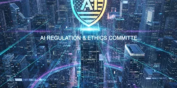 Futuristic cityscape with digital shield representing AI ethics and US regulation