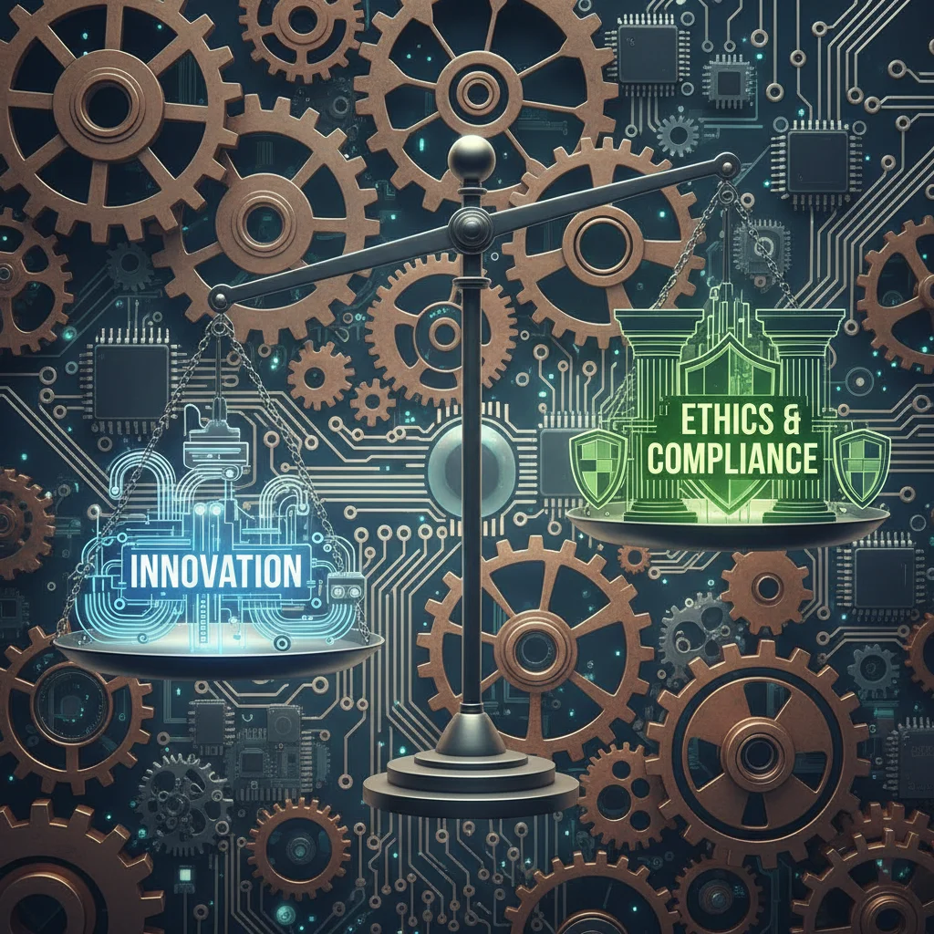 Balanced scale representing AI innovation and ethical compliance