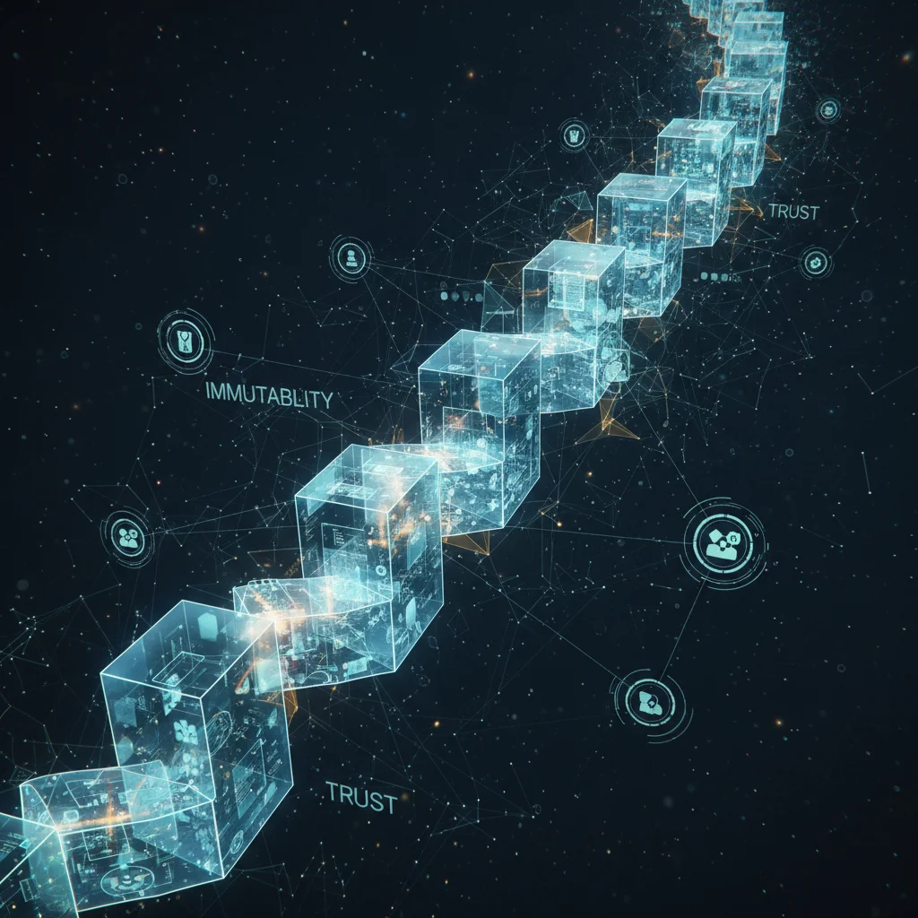 Blockchain technology graphic showing interconnected blocks, representing secure and transparent data ledgers.