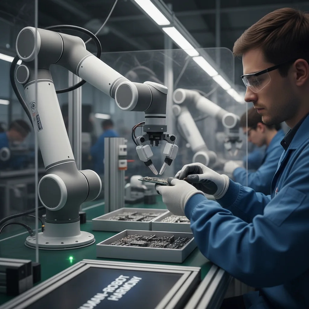 Collaborative robot arm assisting human worker in a manufacturing setting
