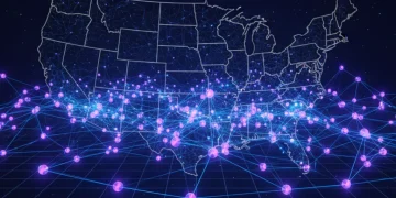 Decentralized AI network illustration with glowing nodes and data streams, symbolizing secure and distributed intelligence.