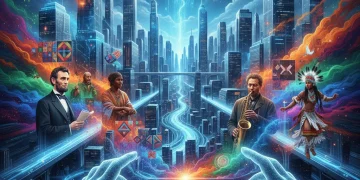 Digital tapestry showing cultural narratives and holographic projections.