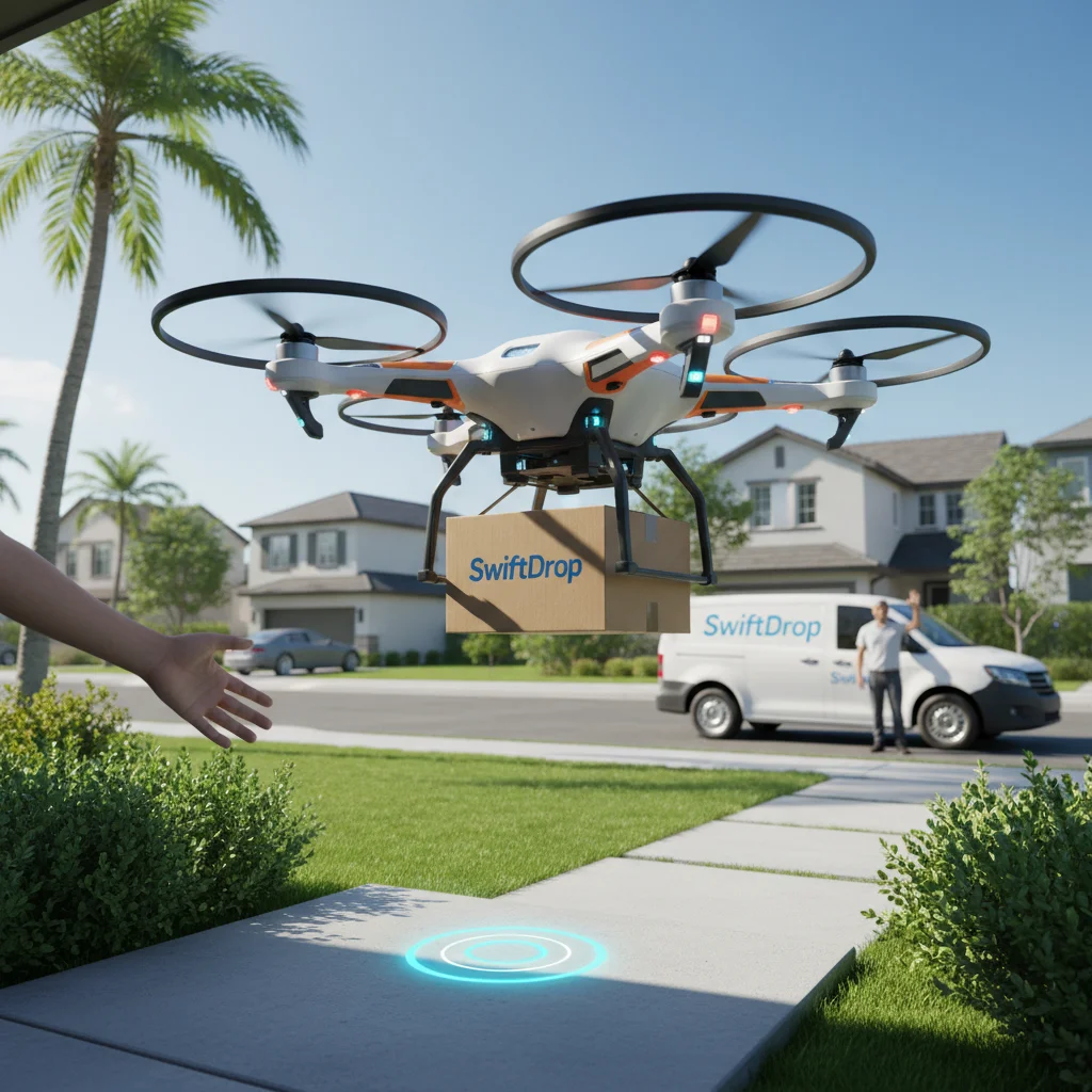 Drone delivering a package to a house, symbolizing last-mile automation