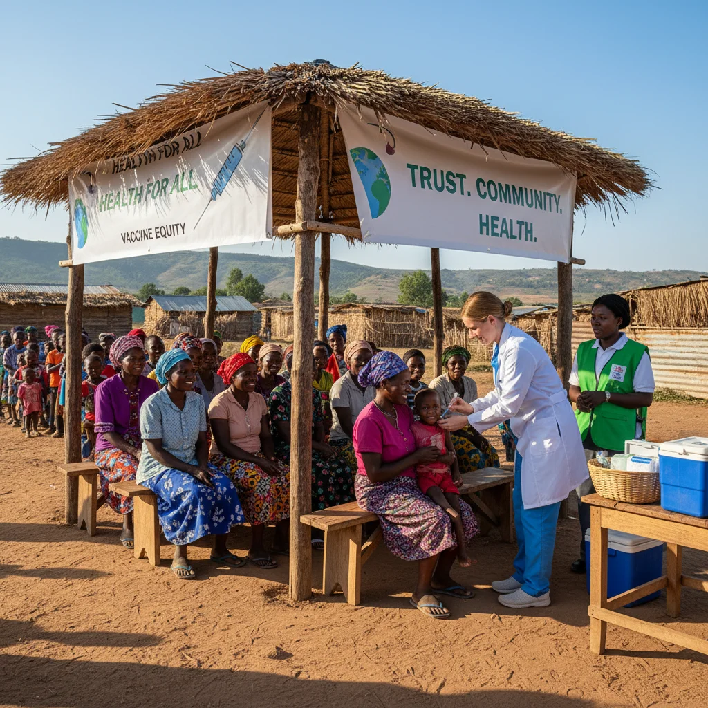Healthcare worker vaccinating a child in a rural clinic
