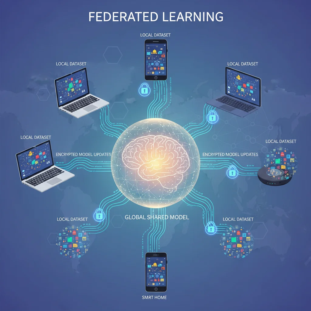 Federated learning process with multiple devices contributing to a central AI model while keeping data local.