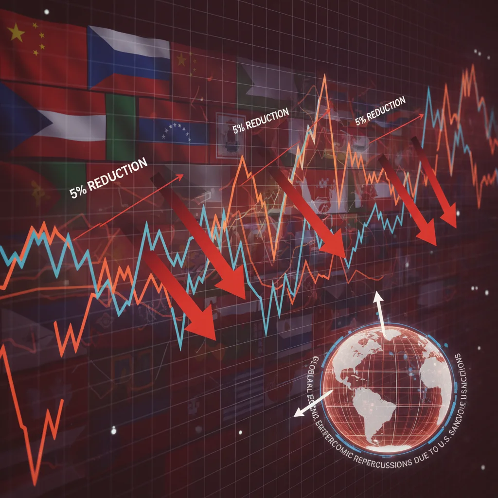 Financial charts showing 5% economic repercussions on global markets from US sanctions